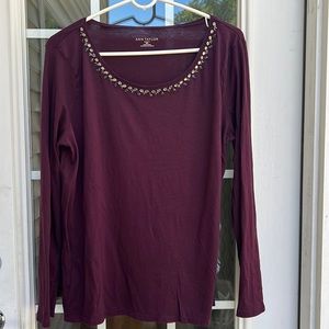 Maroon Ann Taylor factory shirt with jeweled scoop neck line XL
